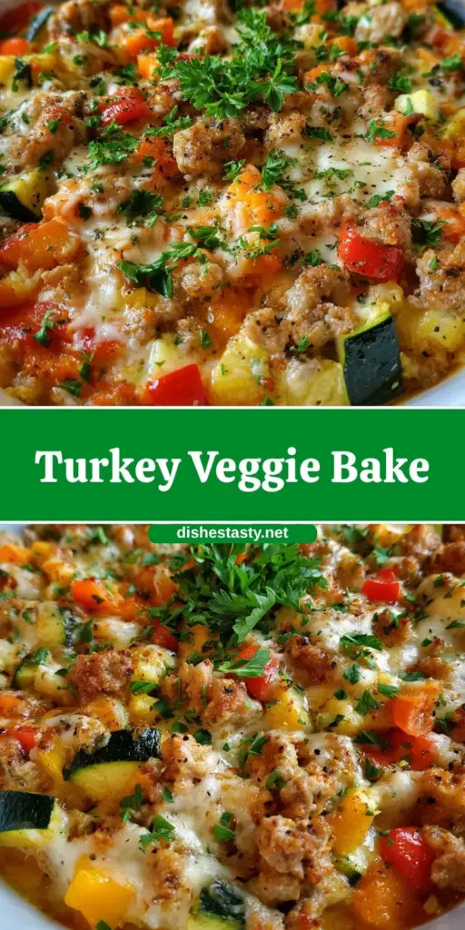 A vertical Pinterest pin showing a Ground Turkey Zucchini Bake in a white dish with melted mozzarella and fresh parsley garnish.