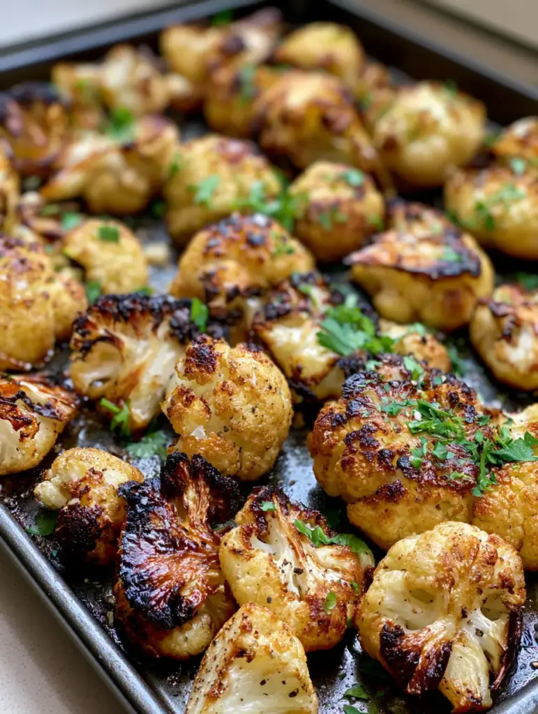 Crispy Roasted Cauliflower: The Ultimate Caramelized Side Dish 1 Close up of caramelized cauliflower florets with black charred tips and bright green parsley garnish.