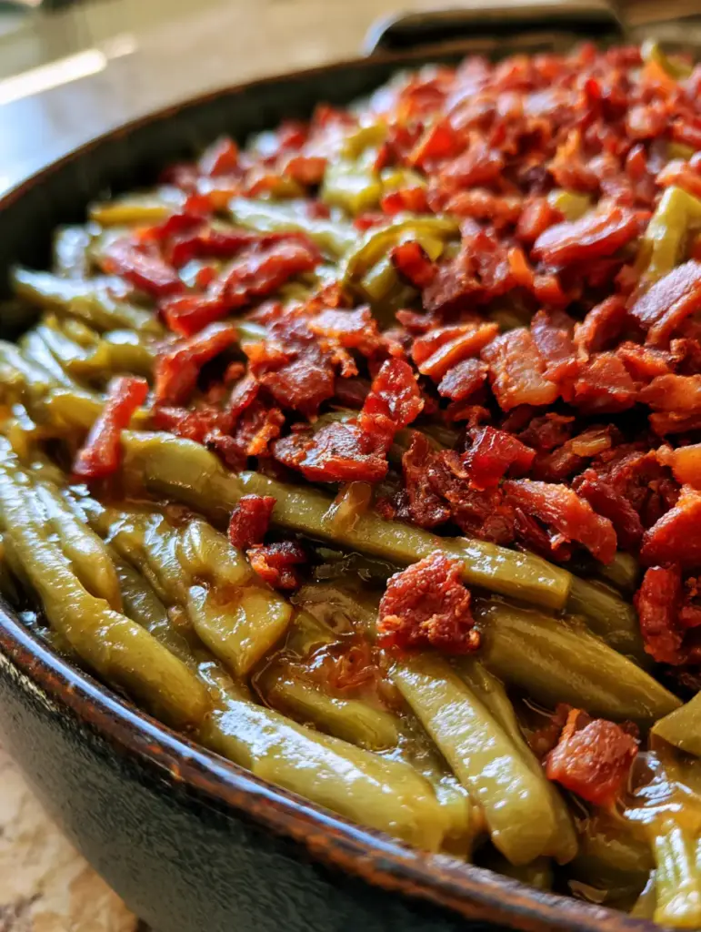 Crack Green Beans with Crispy Bacon and Brown Sugar Glaze 2 A handheld smartphone photo of Crack Green Beans coated in a thick, glossy soy glaze and topped with crispy reddish-brown bacon.