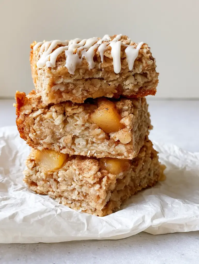 A stack of three thick rectangular apple cinnamon oatmeal bars with white vanilla glaze on a gray surface.
