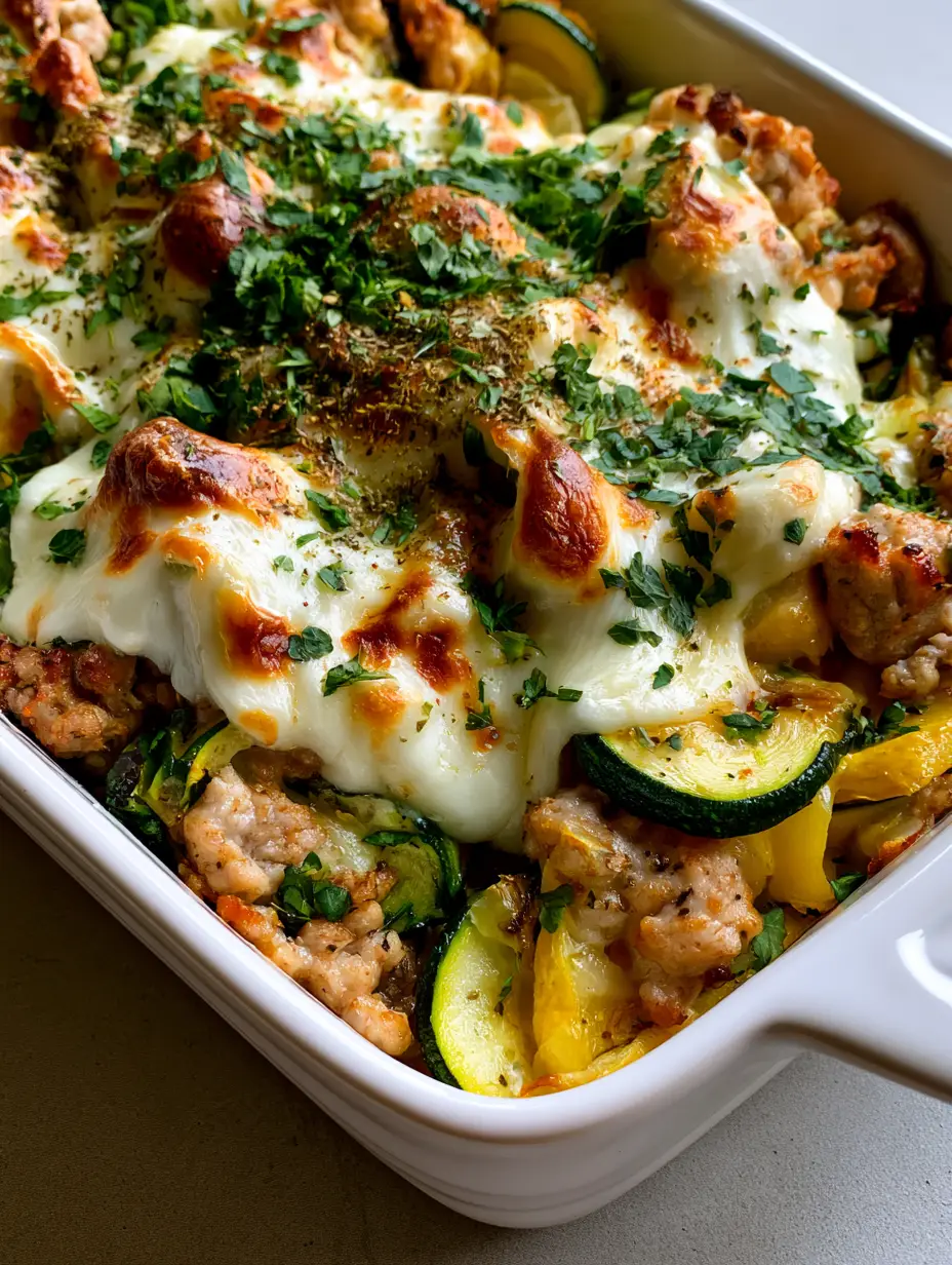 Close-up of a Ground Turkey Zucchini Bake featuring bubbly mozzarella cheese with golden-brown patches and fresh parsley.