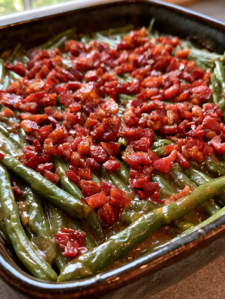 Crack Green Beans with Crispy Bacon and Brown Sugar Glaze 1 Close up of syrupy Crack Green Beans in a rustic dark ceramic vessel with soft natural lighting.