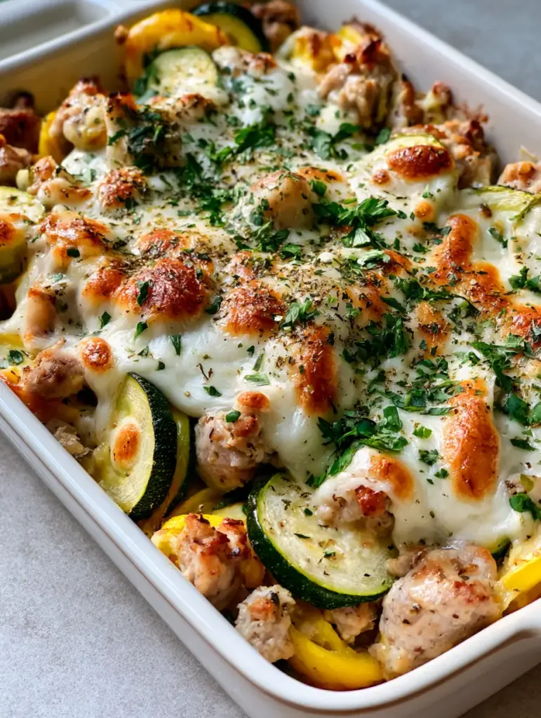 A handheld smartphone photo of a healthy turkey and vegetable bake with green and yellow squash rounds.