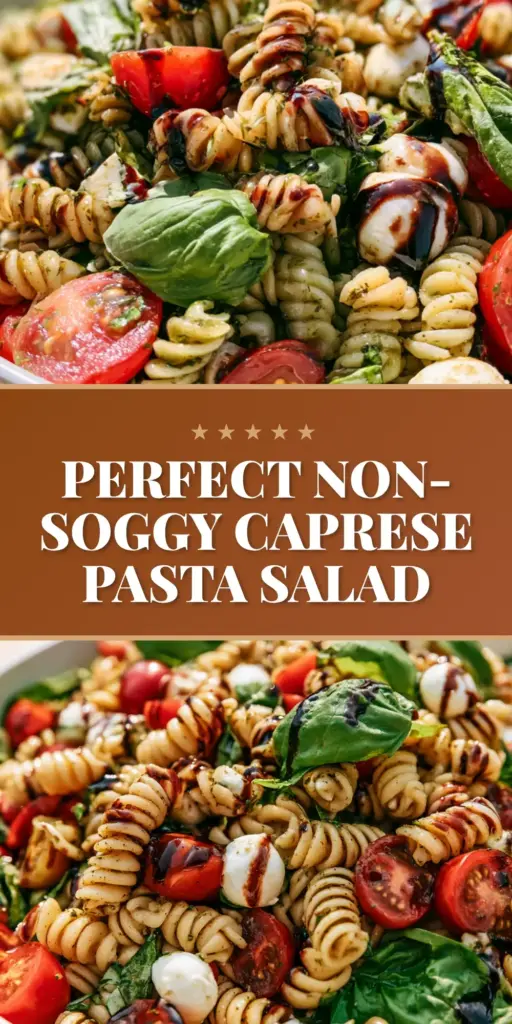 A high-angle shot of Caprese Pasta Salad in a white bowl with a balsamic glaze zigzag, mozzarella pearls, and fresh basil on a marble surface.
