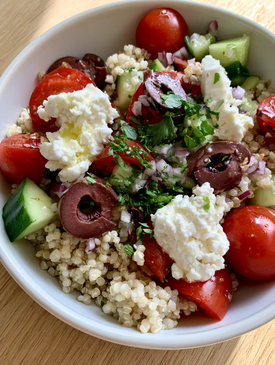 Close up of Mediterranean Quinoa Salad with fluffy grains, red tomatoes, and green cucumbers in a white bowl.