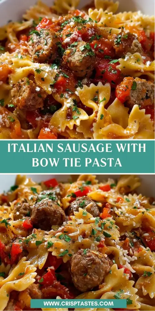 Italian Sausage Bow Tie Pasta with Blistered Tomatoes and Peas 4 A top-down view of Italian Sausage Bow Tie Pasta on a white plate, showing crispy sausage, green peas, and blistered tomatoes.