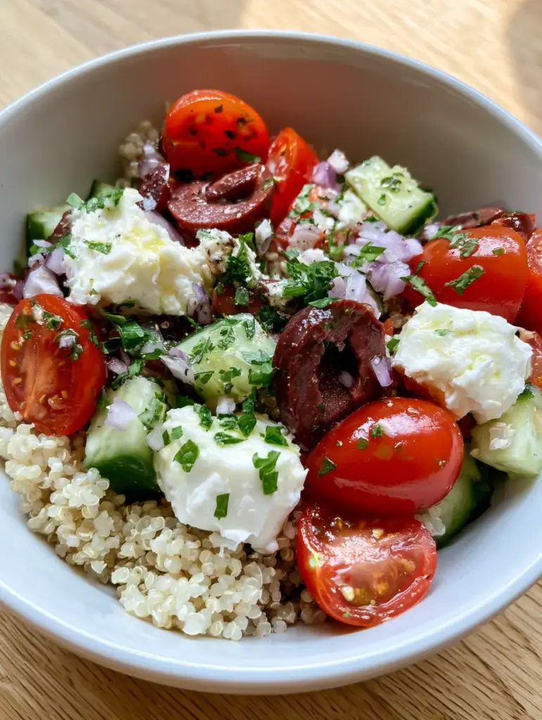 Mediterranean Quinoa Salad garnished with parsley and feta cheese on a light wood surface.