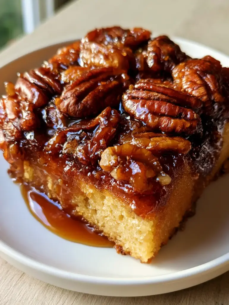 Pecan Upside Down Cake with Glossy Dark Amber Caramel Glaze 1 Close-up of the sticky, viscous dark amber caramel coating on a Pecan Upside Down Cake.