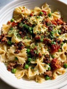 Close-up of Italian Sausage Bow Tie Pasta highlighting the glistening garlic sauce and vibrant green peas.