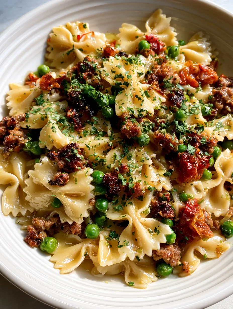 Italian Sausage Bow Tie Pasta with Blistered Tomatoes and Peas 3 Close-up of Italian Sausage Bow Tie Pasta highlighting the glistening garlic sauce and vibrant green peas.