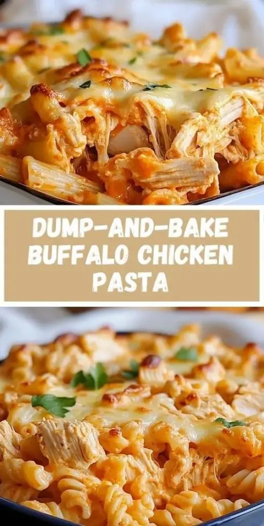 Buffalo Chicken Pasta: The Ultimate Creamy Dump-and-Bake Casserole 4 A vertical photo of a white ceramic baking dish containing Buffalo Chicken Pasta with melted cheese, blue cheese crumbles, and ranch drizzle.