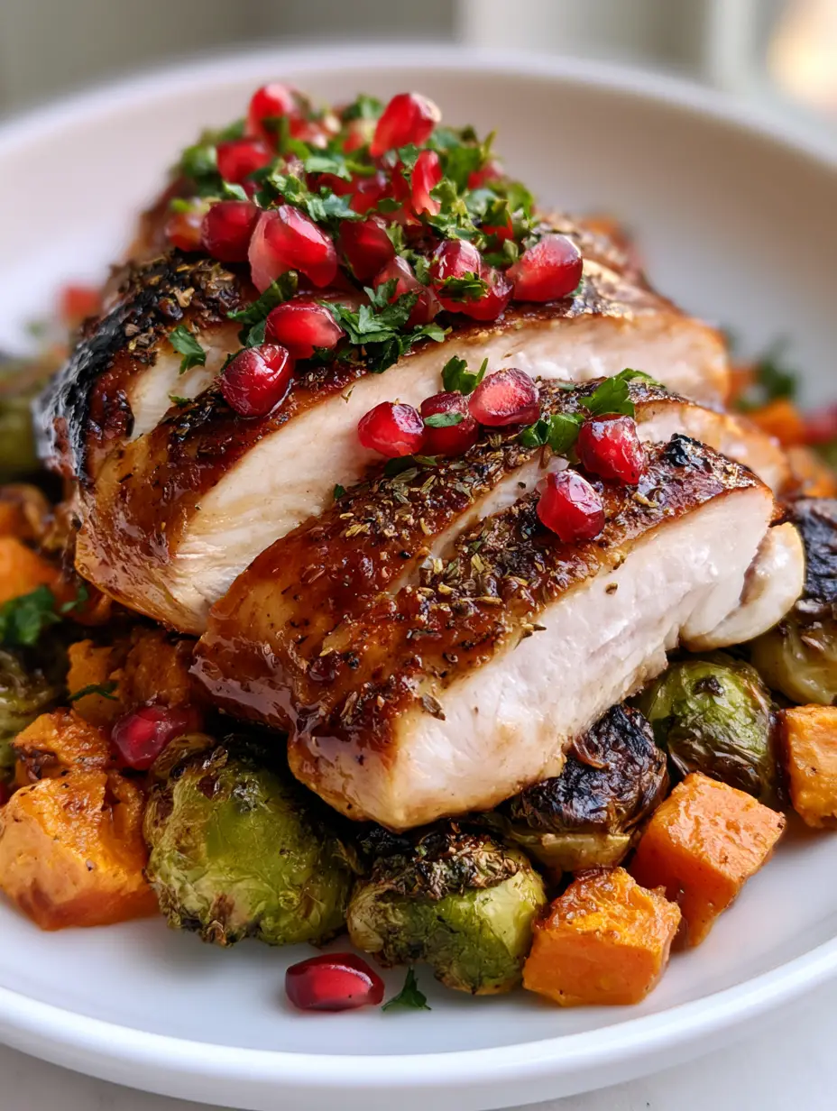 Slow Cooker Chicken Breast with Honey Glaze and Roasted Vegetables 3 Close-up of Slow Cooker Chicken Breast showing the tender white interior and dark brown glossy honey glaze crust on a white ceramic plate. (Slow Cooker Chicken Breast)
