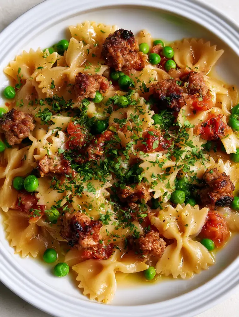 Italian Sausage Bow Tie Pasta with Blistered Tomatoes and Peas 1 Overhead shot of a white plate filled with bow tie pasta, browned sausage crumbles, and red blistered tomatoes.