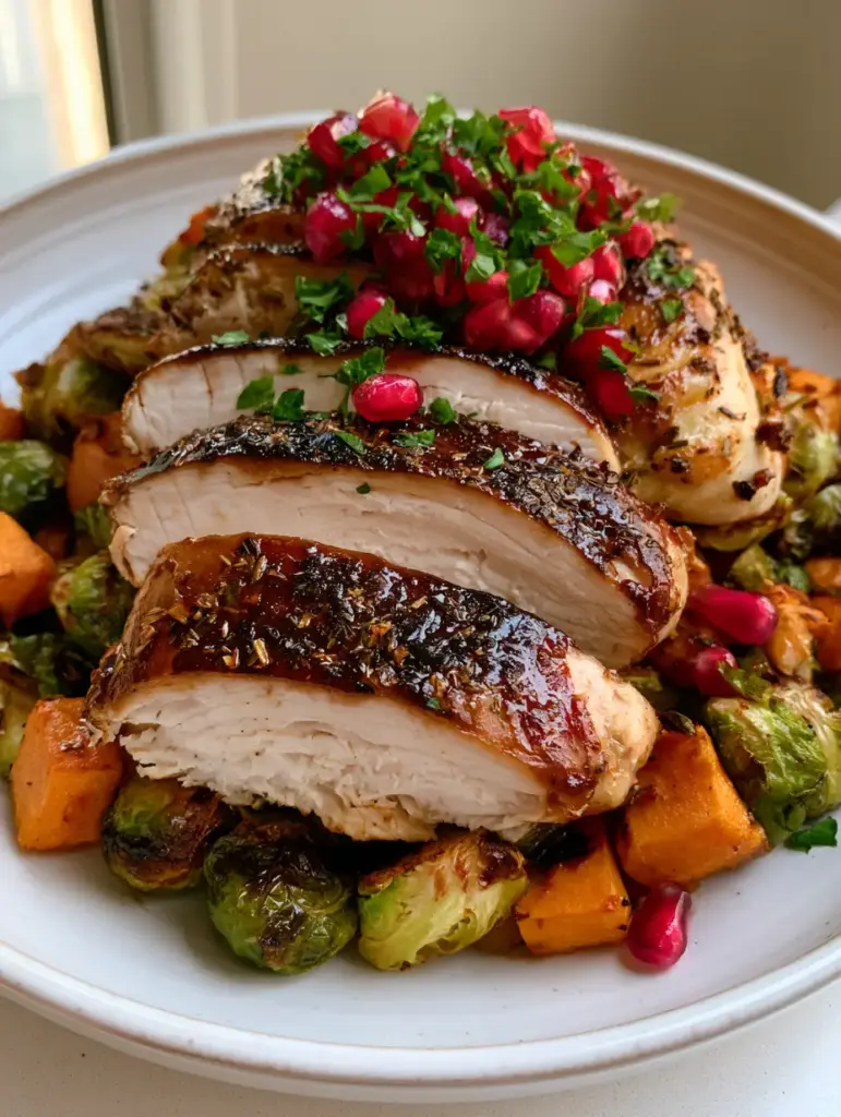 Slow Cooker Chicken Breast with Honey Glaze and Roasted Vegetables 1 Overhead smartphone photo of the complete Slow Cooker Chicken Breast meal with charred Brussels sprouts and pomegranate seeds.
