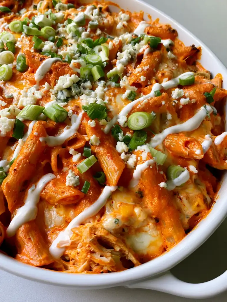 Buffalo Chicken Pasta: The Ultimate Creamy Dump-and-Bake Casserole 1 The top view of golden bubbly Buffalo Chicken Pasta garnished with green scallions and a zigzag of ranch dressing.