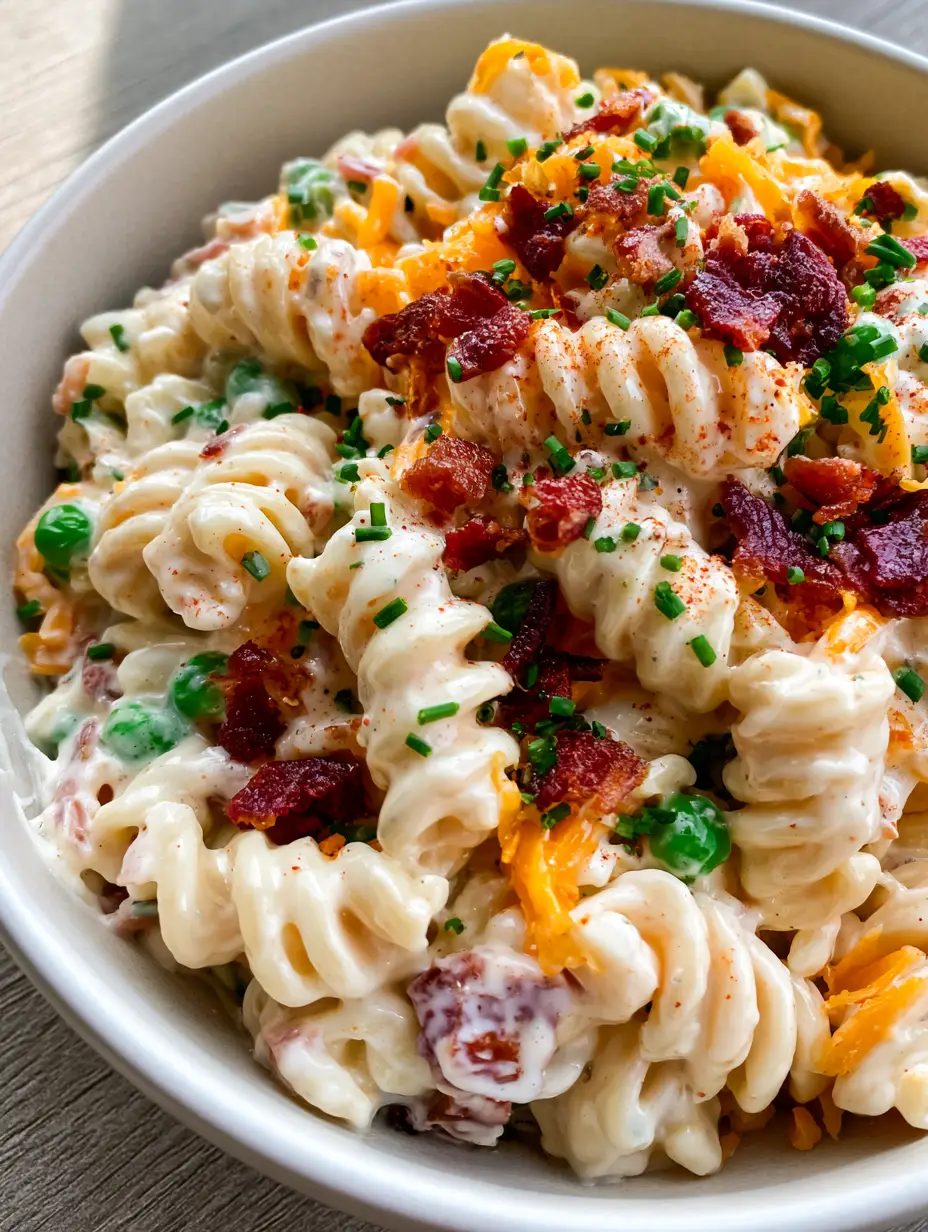 Close-up of the thick, glossy ranch dressing coating rotini pasta with chives and paprika dusting in a bacon ranch pasta salad.