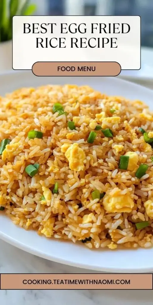 A top-down smartphone photo of an Egg Fried Rice Recipe in a white bowl, featuring large golden egg curds, green scallions, and red chili flakes.