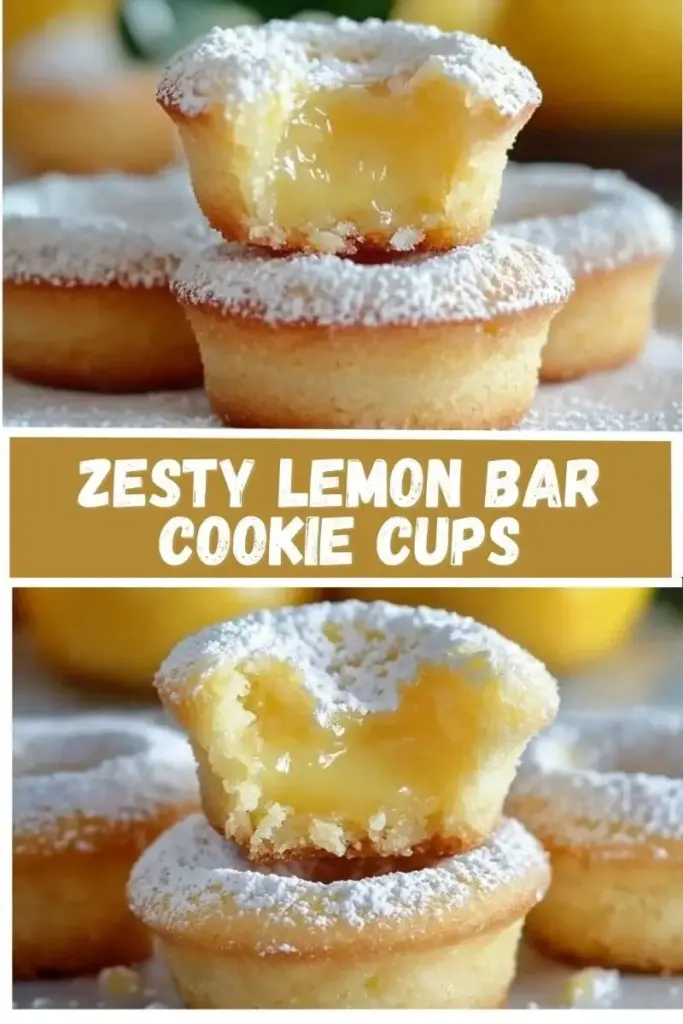 Lemon Bar Cookie Cups: The Ultimate Zesty Shortbread Dessert 4 A close-up vertical shot of bite-sized Lemon Bar Cookie Cups with glossy yellow curd, powdered sugar dusting, and mint leaf garnish on a white surface.