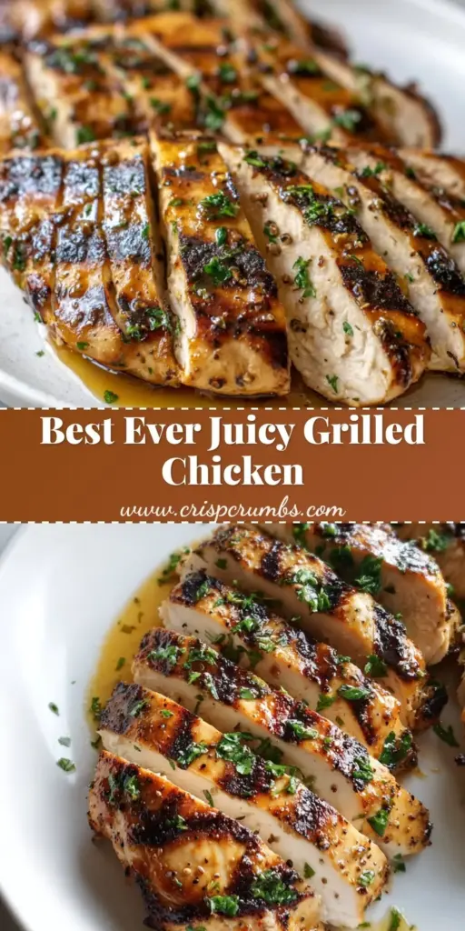 Juicy Grilled Chicken Marinade: The Secret to Succulent Grilled Breasts 4 Sliced chicken breasts with dark brown grill marks and red chili flakes on a white plate. (Juicy Grilled Chicken Marinade)