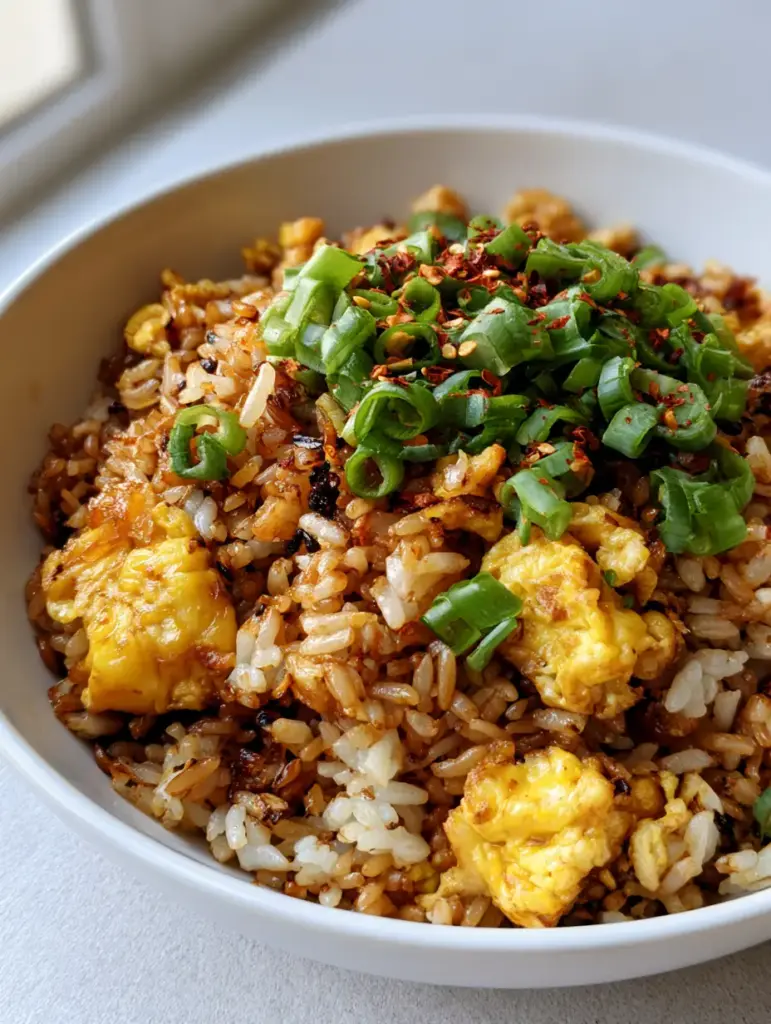 A white ceramic bowl filled with Egg Fried Rice Recipe showing bright yellow egg curds and heavy scallion garnish.