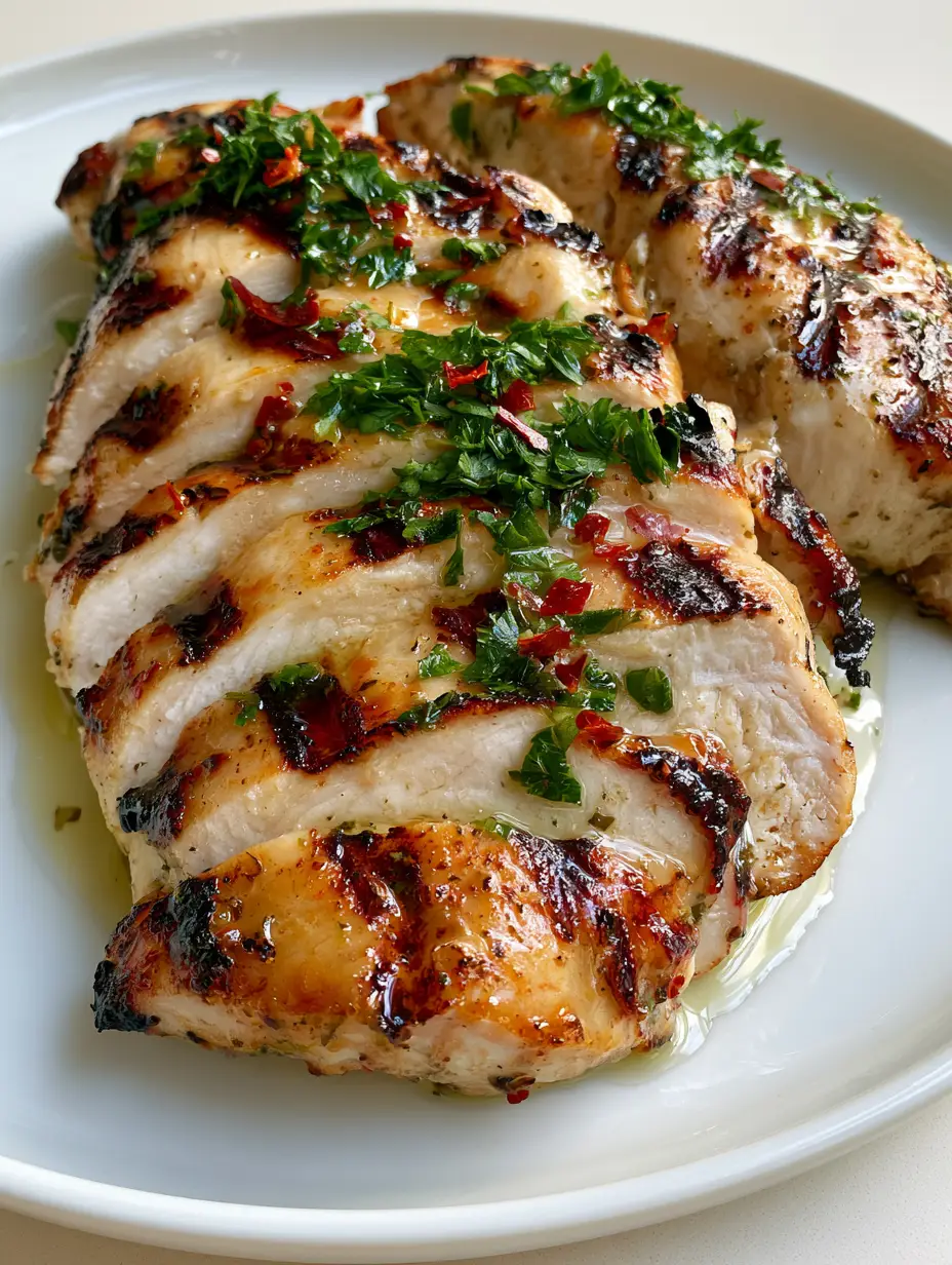 Juicy Grilled Chicken Marinade: The Secret to Succulent Grilled Breasts 3 Close up of succulent grilled chicken with herb oil and golden-brown edges. (Juicy Grilled Chicken Marinade)