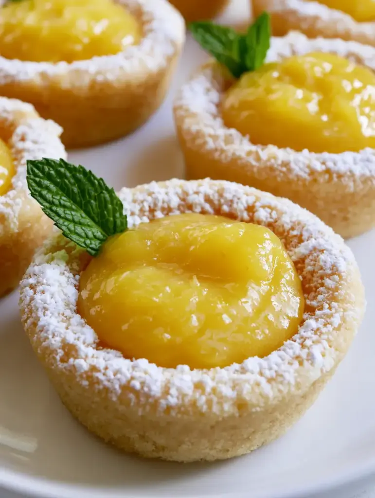 Lemon Bar Cookie Cups: The Ultimate Zesty Shortbread Dessert 1 Top-down view of Lemon Bar Cookie Cups dusted with powdered sugar and garnished with a single fresh mint leaf.
