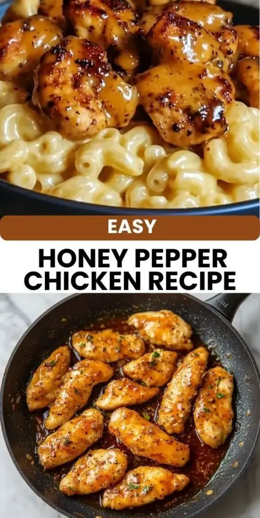 Honey Pepper Chicken Mac and Cheese (The Ultimate Comfort Food) 4 A dark ceramic bowl filled with creamy yellow cheddar macaroni and cheese, topped with crispy chicken bites in a dark honey pepper glaze, bacon, and green scallions. (Honey Pepper Chicken Mac and Cheese)