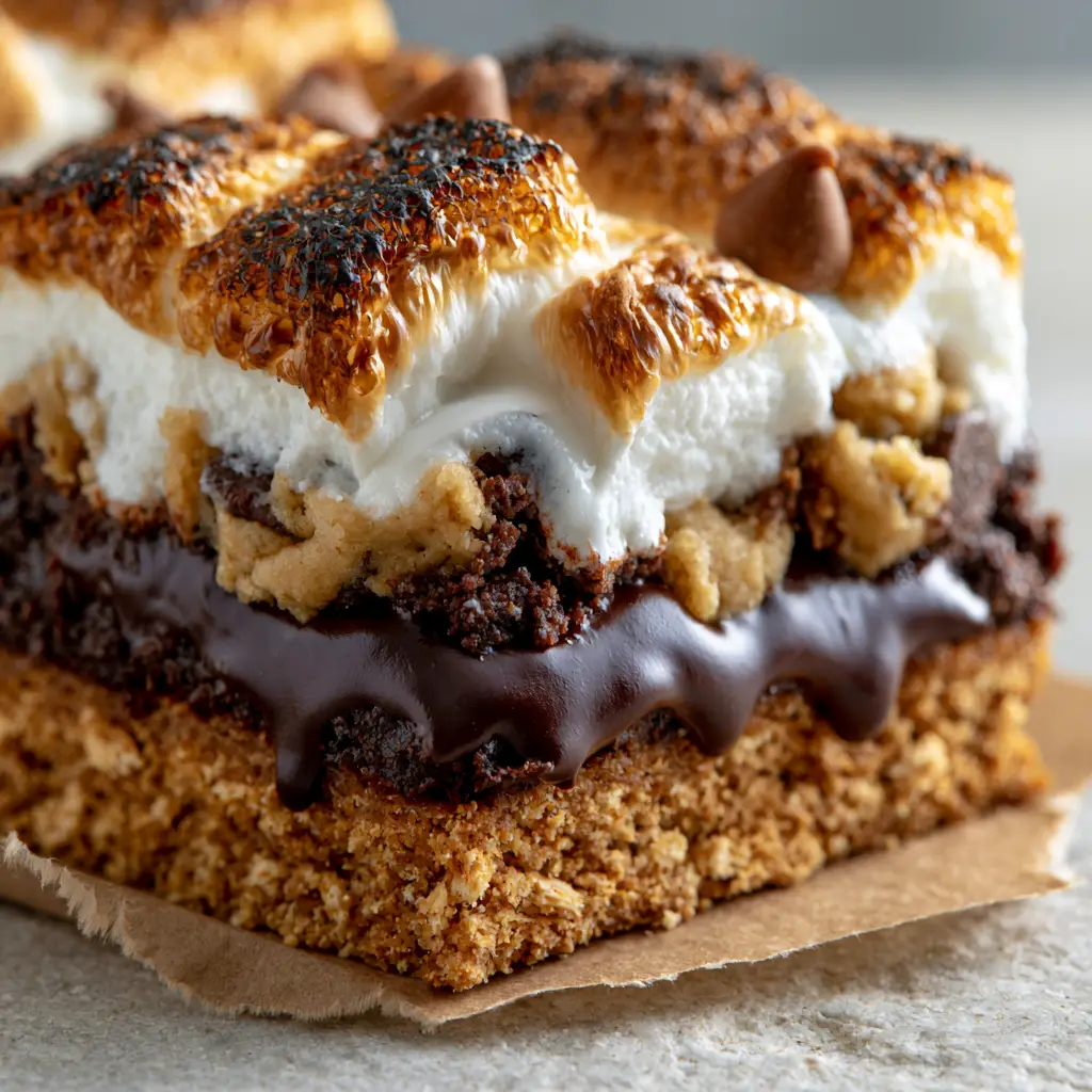 A top-down view of charred marshmallow peaks and underbaked cookie dough swirls on S'mores cookie bars.