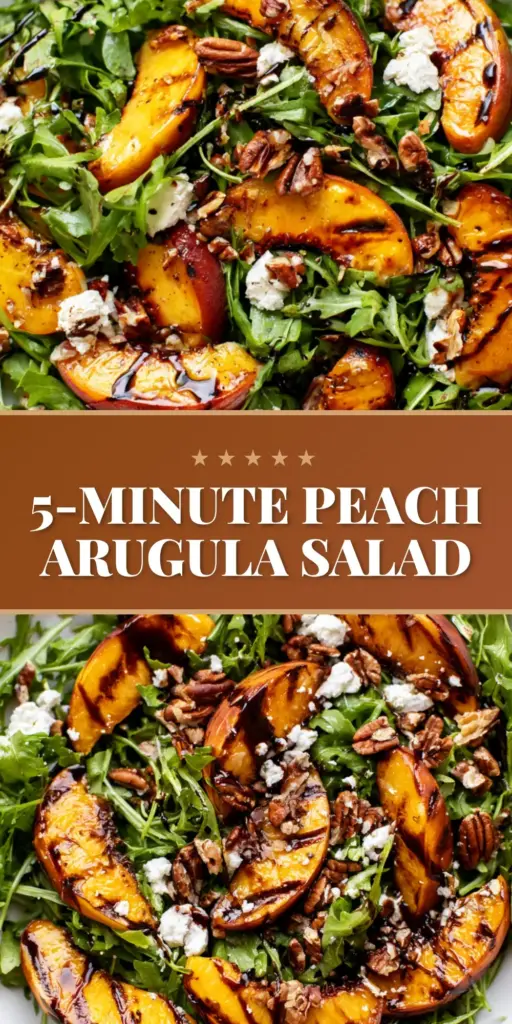 A handheld smartphone photo of a Peach Arugula Salad in a ceramic bowl with grilled peaches, goat cheese, and balsamic drizzle. (Peach Arugula Salad)