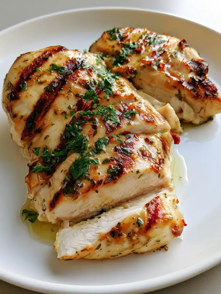 Juicy Grilled Chicken Marinade: The Secret to Succulent Grilled Breasts 1 Sliced grilled chicken breasts on a white ceramic plate with fresh parsley.