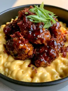 Close-up of breaded fried chicken pieces heavily coated in a dark, glossy amber honey pepper glaze with visible black pepper. (Honey Pepper Chicken Mac and Cheese)
