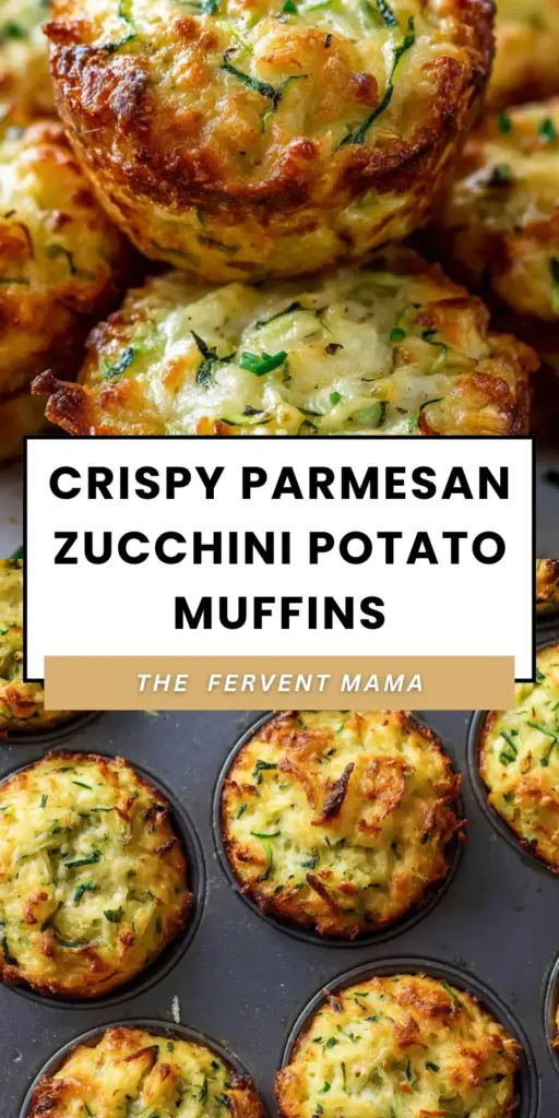 A close-up vertical shot of Zucchini Potato Muffins in a metallic pan showing crispy parmesan edges and green zucchini flecks.