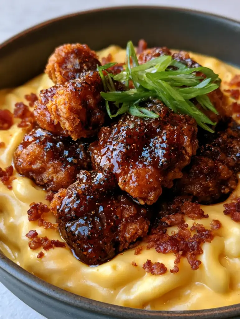 Honey Pepper Chicken Mac and Cheese (The Ultimate Comfort Food) 1 Creamy yellow cheddar mac and cheese in a matte ceramic bowl topped with crispy chicken and fresh scallions.