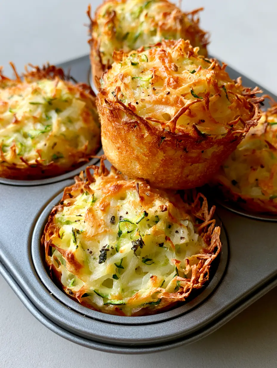 Golden-brown savory Zucchini Potato Muffins in a dark gray metallic muffin pan with visible oregano flecks.