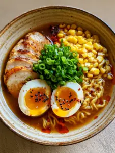 Overhead smartphone photo of a ceramic bowl of ramen with wavy yellow noodles and bright green scallions. (Homemade Ramen Recipe)