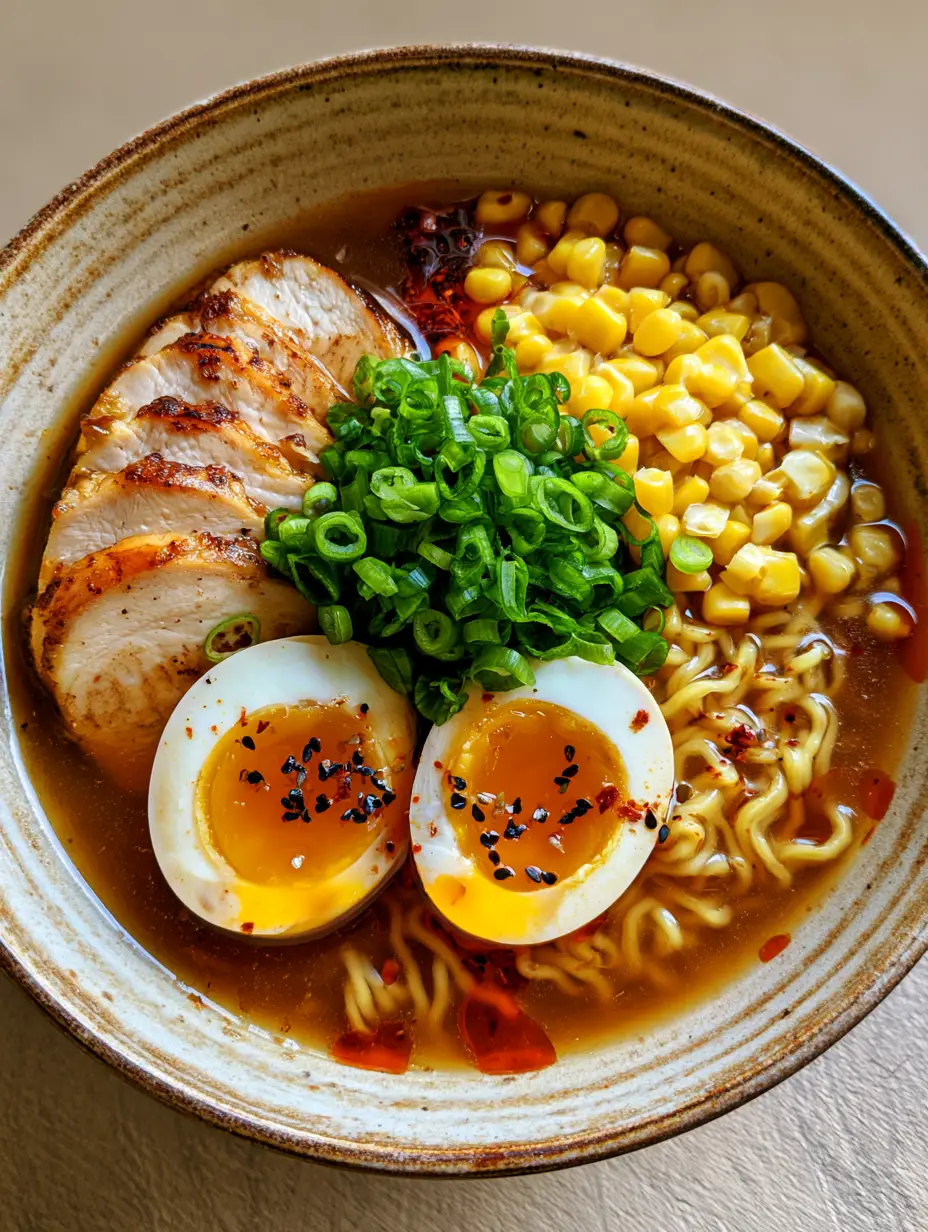 Overhead smartphone photo of a ceramic bowl of ramen with wavy yellow noodles and bright green scallions. (Homemade Ramen Recipe)