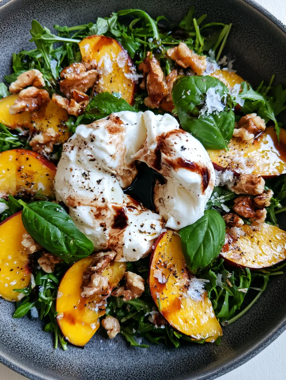 Close up of juicy yellow peach slices and creamy burrata spill in a summer peach salad.
