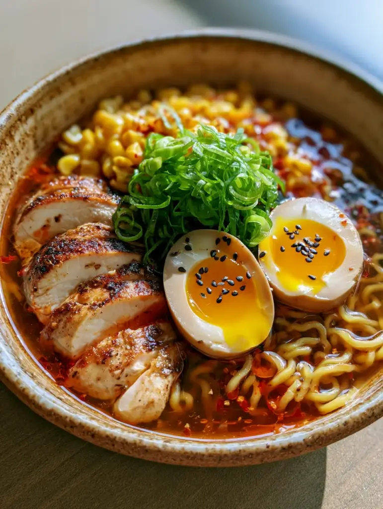 Close up of jammy soft boiled eggs with black sesame seeds on top of a savory Homemade Ramen Recipe.