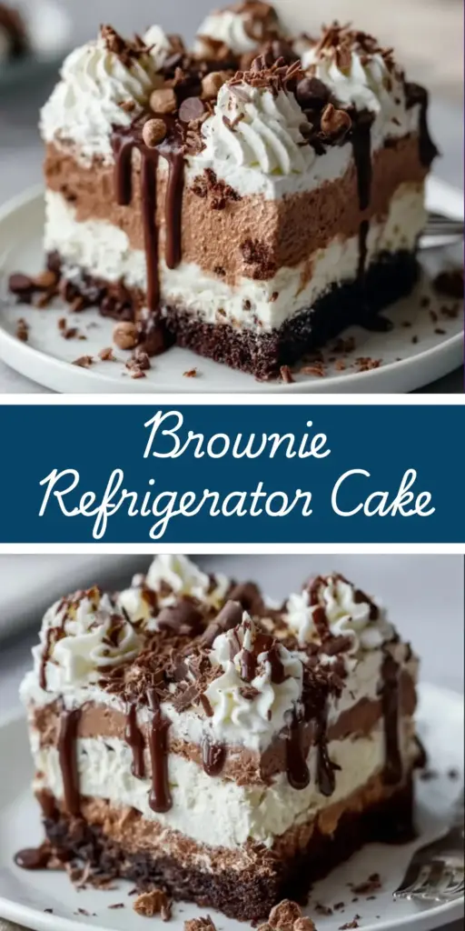 A tall, vertical slice of No-Bake Brownie Layer Cake showing the distinct dark brownie, white cream, and chocolate mousse layers in a glass dish.