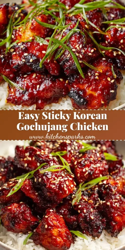 Korean Gochujang Chicken: The Ultimate Glossy and Spicy Skillet Dinner 3 A vertical Pinterest pin showing a close-up of Korean Gochujang Chicken in a cast iron skillet with a thick red glaze and sesame seeds.