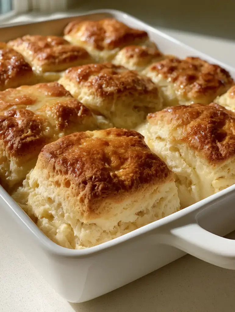 Close up of Butter Swim Biscuits in a white dish showing the craggy, porous texture and deeply golden crust.