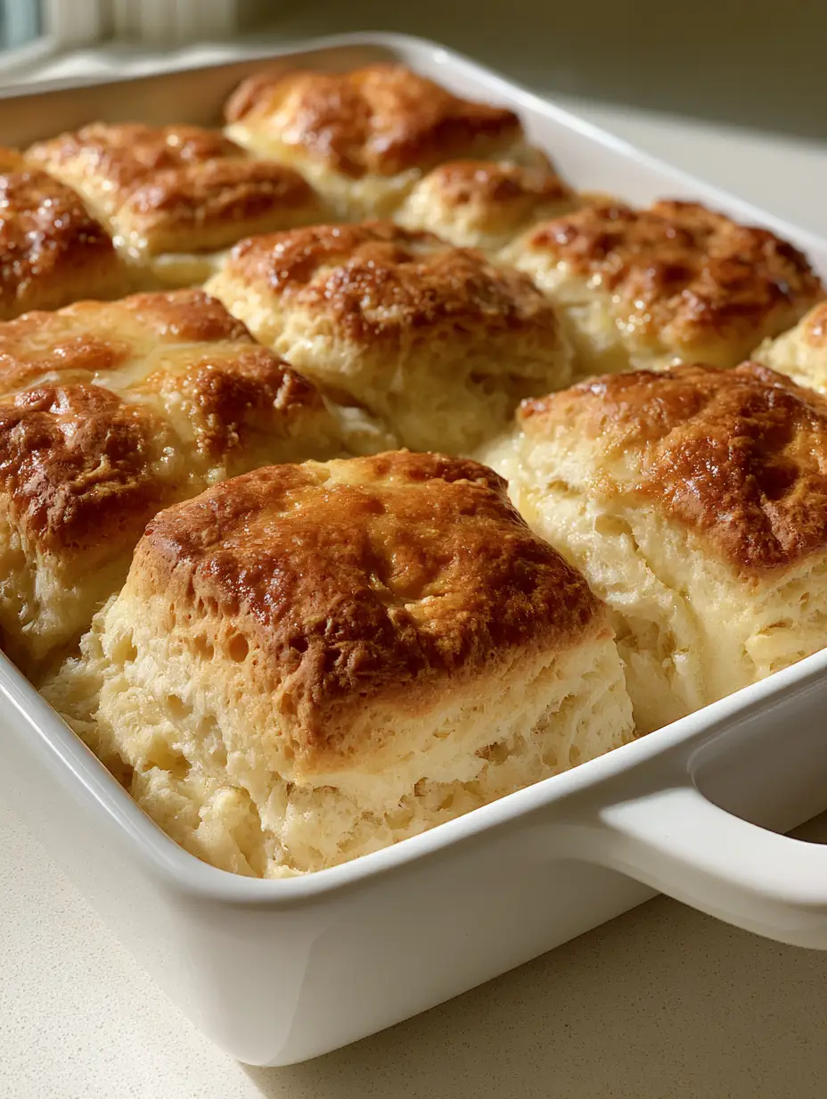 Close up of Butter Swim Biscuits in a white dish showing the craggy, porous texture and deeply golden crust.