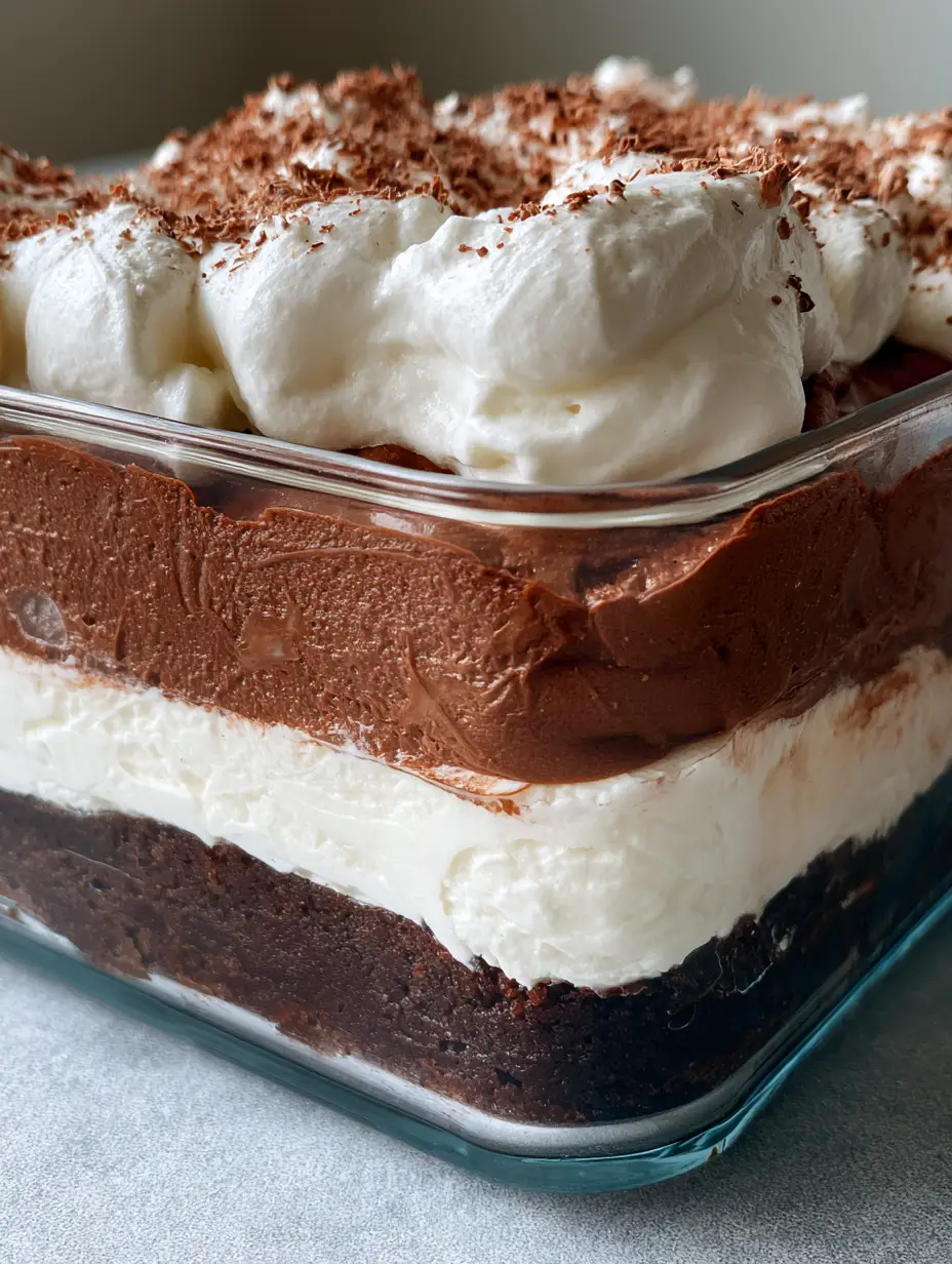Side-angle view of No-Bake Brownie Layer Cake in a glass dish with visible dark brownie, white cream, and mousse layers.
