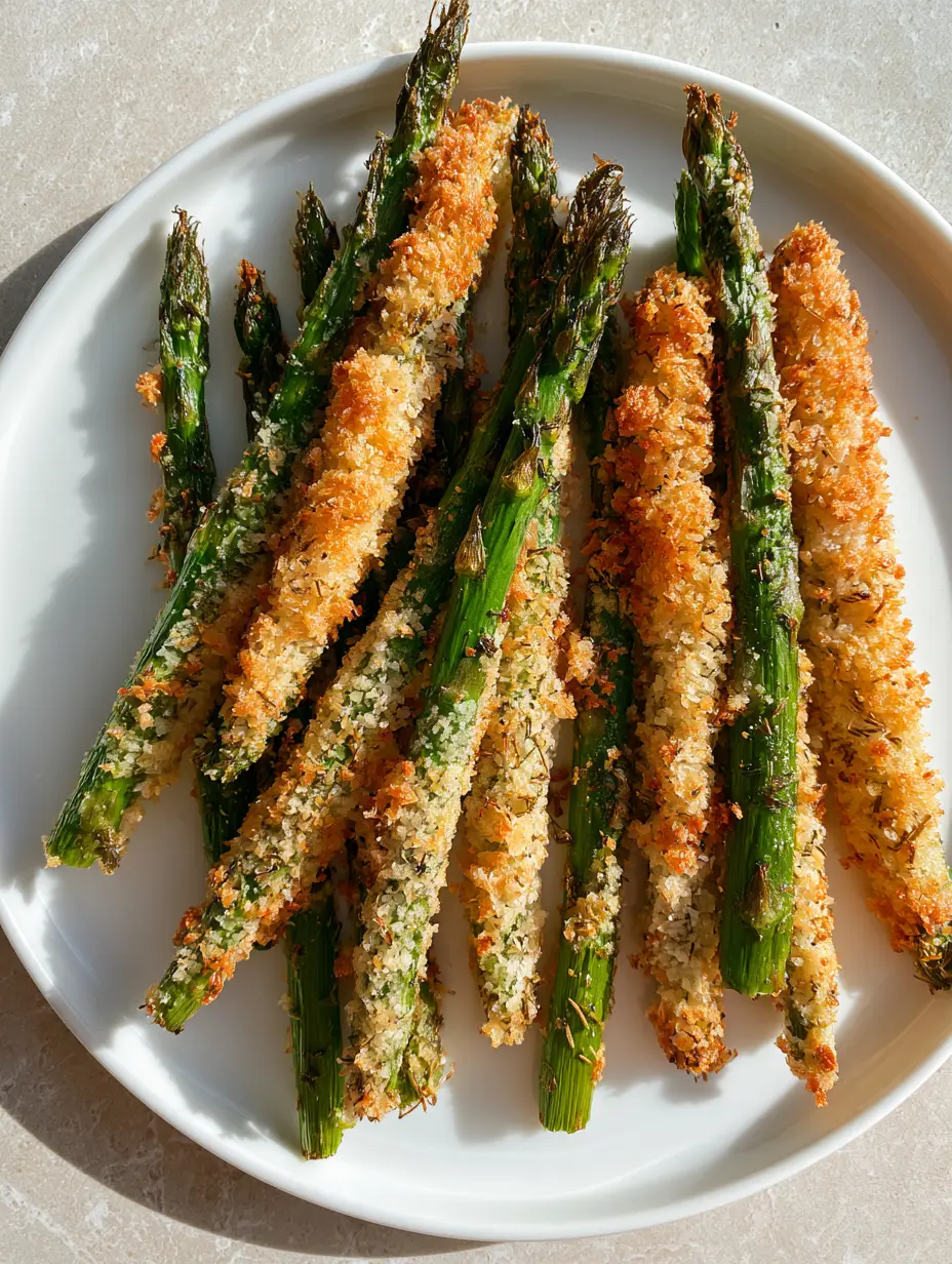 Close up of Baked Asparagus Fries with a heavy golden-brown panko crust and specks of dried herbs on a grey stone background.