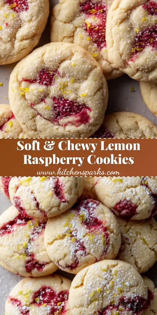 Lemon Raspberry Cookies: Thick and Soft Bakery-Style Recipe 4 Thick bakery-style Lemon Raspberry Cookies with vibrant pink swirls and a fresh raspberry on top. (Lemon Raspberry Cookies)