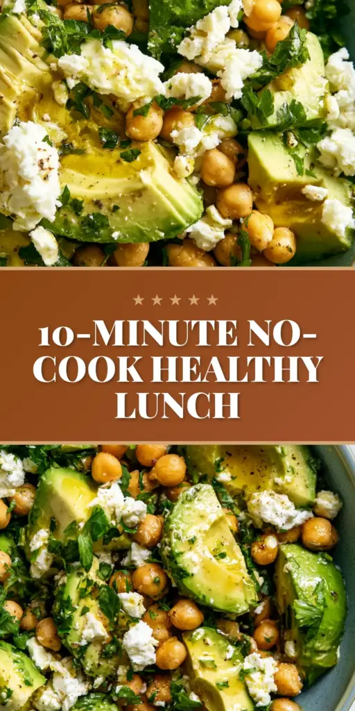 A handheld smartphone photo of a chickpea feta avocado salad in a cream stoneware bowl with golden chickpeas and buttery avocado chunks.