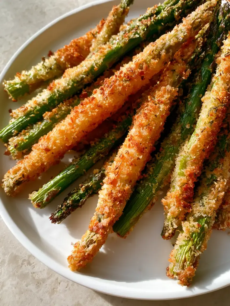 A professional shot of Baked Asparagus Fries showing the charred tips peeking through the parmesan breading.
