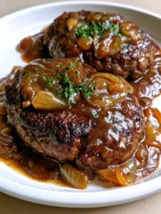 Close up handheld photo of two oval-shaped Hamburger Steaks with Brown Gravy and translucent caramelized onions.