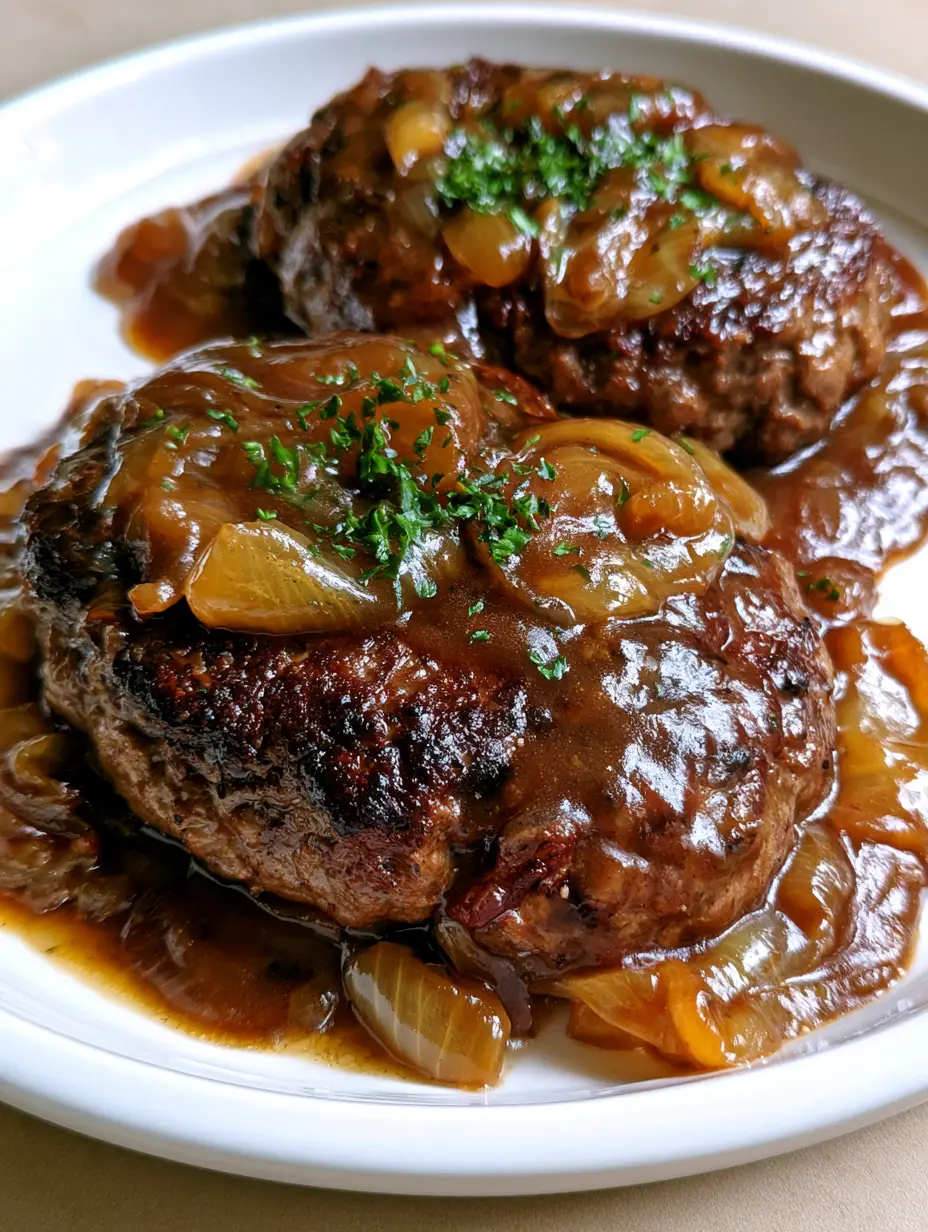 Close up handheld photo of two oval-shaped Hamburger Steaks with Brown Gravy and translucent caramelized onions.