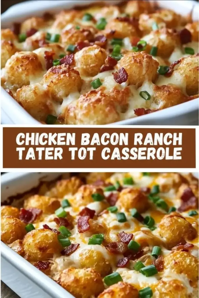 Chicken Bacon Ranch Tater Tot Casserole: The Ultimate Cheesy Comfort Food 4 A close-up vertical shot of Chicken Bacon Ranch Tater Tot Casserole in a glass dish with crispy tots and melted cheese.